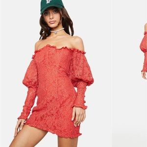 For Loves & Lemons Clarisse Off The Shoulder Lace Puff Sleeve Mini Dress Red S